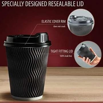 Primens Insulated Disposable Coffee Cups with Lids & Straws 12 oz, 100 Packs - Paper Cups for Hot Beverage Drinks To Go Tea Coffee Home Office Car Coffee Shop Party (Black)
