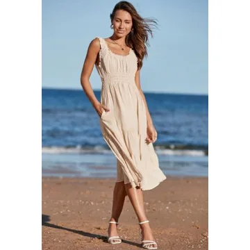AlvaQ Summer Dresses for Women Casual Tiered Aline Beach Long Dress with Pockets Swing Flowy Ssundress Fashion 2025 Apricot Medium