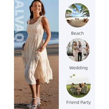 AlvaQ Summer Dresses for Women Casual Tiered Aline Beach Long Dress with Pockets Swing Flowy Ssundress Fashion 2025 Apricot Medium