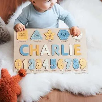 Personalized Name Puzzle with Numbers and Shapes, Name Puzzle for Kids, Custom Birthday Gift for Kids, Christmas Gifts for Toddlers, Unique New Baby Gift, 1 Year Old Boy and Girl Toys, Wood Toy