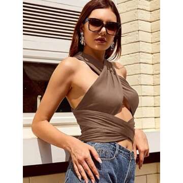 ZAFUL Ribbed Halter Crop Top Ruched Lace-up Cropped Cami Bandana Top Stitching Cropped Tank Top Coffee