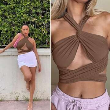 ZAFUL Ribbed Halter Crop Top Ruched Lace-up Cropped Cami Bandana Top Stitching Cropped Tank Top Coffee