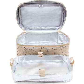 SoYoung Beauty Poche - Cosmetic Bag & Makeup Organizer for Travel, Three-Tiered, Linen/Cotton Exterior, Removable Tray, Machine Washable - Ink Splatter