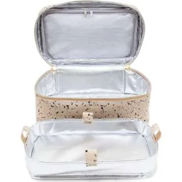 SoYoung Beauty Poche - Cosmetic Bag & Makeup Organizer for Travel, Three-Tiered, Linen/Cotton Exterior, Removable Tray, Machine Washable - Ink Splatter