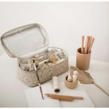 SoYoung Beauty Poche - Cosmetic Bag & Makeup Organizer for Travel, Three-Tiered, Linen/Cotton Exterior, Removable Tray, Machine Washable - Ink Splatter