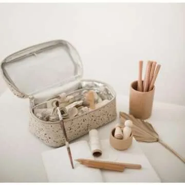 SoYoung Beauty Poche - Cosmetic Bag & Makeup Organizer for Travel, Three-Tiered, Linen/Cotton Exterior, Removable Tray, Machine Washable - Ink Splatter