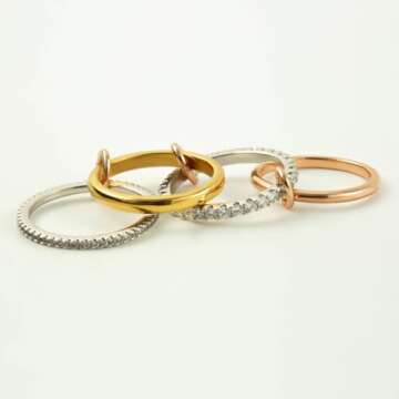 Bopiu Gold Stackable Rings for Women Non Tarnish, Dainty Stackable CZ Cubic Zirconia 18k Gold Plated Rings, Gold Knuckle Women Rings Set (Gold, 7)