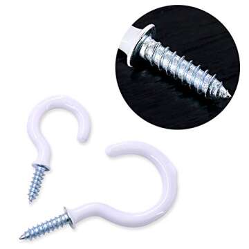Swpeet 100Pcs White 6 Sizes Cup Hooks Assortment Kit, Vinyl Coated Ceiling Cup Hooks Screw Hooks Mug Hooks Holder for Home, Office and Workplace - 1/2", 5/8",3/4",7/8",1'',1-1/4" (White)