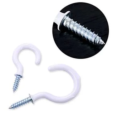 Swpeet 100Pcs White 6 Sizes Cup Hooks Assortment Kit, Vinyl Coated Ceiling Cup Hooks Screw Hooks Mug Hooks Holder for Home, Office and Workplace - 1/2", 5/8",3/4",7/8",1'',1-1/4" (White)