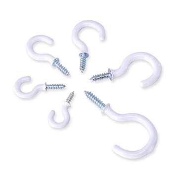 Swpeet 100Pcs White 6 Sizes Cup Hooks Assortment Kit, Vinyl Coated Ceiling Cup Hooks Screw Hooks Mug Hooks Holder for Home, Office and Workplace - 1/2", 5/8",3/4",7/8",1'',1-1/4" (White)