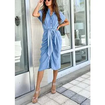 DLFE Women's Summer Ruched Bodycon Midi Denim Dress Tie Belted Party Button-Down Jean Shirt Dress (Small,Light Blue,Small)