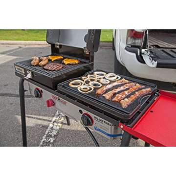 Camp Chef Big Gas Grill 2-Burner Camp Stove with BBQ Box (BB30L) and Cast Iron Griddle (CGG16B) - Tailgate Bundle