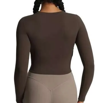 Aoxjox Long Sleeve T-Shirt for Women GEO Seamlines Padded Baby Tee Workout Crop Top with Built-in Bra (Mulch, Medium)