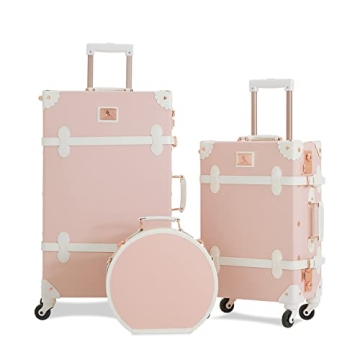 7998 3 Piece Vintage Suitcase Set Women Cute Carry on Luggage with Hat Box Cosmetic Case (embossed p...