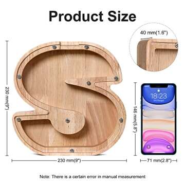 CDUHB Large Personalized Wooden Letter Piggy Bank Alphabet Letter Decorative Sign Coin Bank Perfect Decor,Unique Gift, Keepsake, or Savings Money Box for Kids with Sticker for DIY (S)