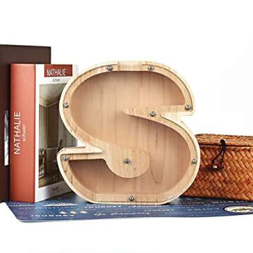 CDUHB Large Personalized Wooden Letter Piggy Bank Alphabet Letter Decorative Sign Coin Bank Perfect Decor,Unique Gift, Keepsake, or Savings Money Box for Kids with Sticker for DIY (S)