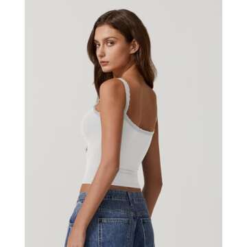 QINSEN Summer Tank Top for Women Double Lined Fitted Spaghetti Straps Y2k Crop Tops with Lace Trims White S