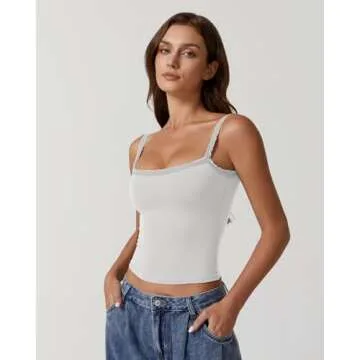 QINSEN Summer Tank Top for Women Double Lined Fitted Spaghetti Straps Y2k Crop Tops with Lace Trims White S