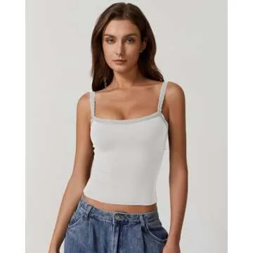 QINSEN Summer Tank Top for Women Double Lined Fitted Spaghetti Straps Y2k Crop Tops with Lace Trims White S