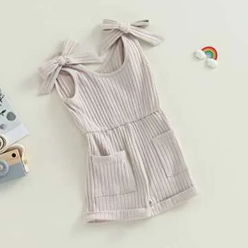 OikMombiu Toddler Baby Girl Sleeveless Jumpsuit Solid Ribbed Knitted Romper Shorts Overalls One-Piece Outfit Summer Clothes(A1 Pocket Beige Apricot, 6-12 Months)