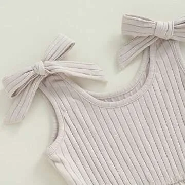 OikMombiu Toddler Baby Girl Sleeveless Jumpsuit Solid Ribbed Knitted Romper Shorts Overalls One-Piece Outfit Summer Clothes(A1 Pocket Beige Apricot, 6-12 Months)