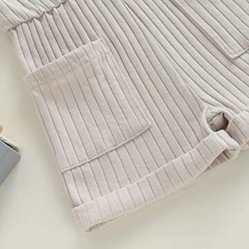 OikMombiu Toddler Baby Girl Sleeveless Jumpsuit Solid Ribbed Knitted Romper Shorts Overalls One-Piece Outfit Summer Clothes(A1 Pocket Beige Apricot, 6-12 Months)