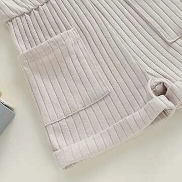 OikMombiu Toddler Baby Girl Sleeveless Jumpsuit Solid Ribbed Knitted Romper Shorts Overalls One-Piece Outfit Summer Clothes(A1 Pocket Beige Apricot, 6-12 Months)