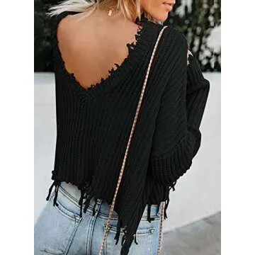 Chic Sidefeel Womens Distressed Black Pullover Sweater