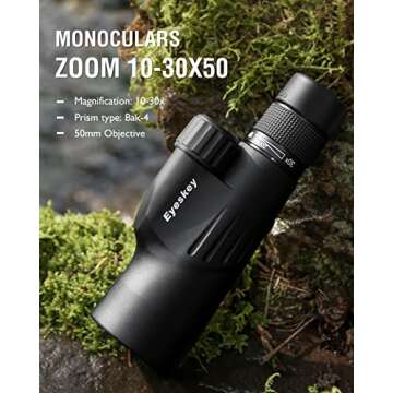 Eyeskey HD 10-30x50 High Powered Zoom Monocular Telescope - Waterproof and Fog-proof - Bright and Clear FMC Lens - Coated Bak-4 Prism - Single Hand Focus Scope for Concert, Traveling, Wildlife Scenery