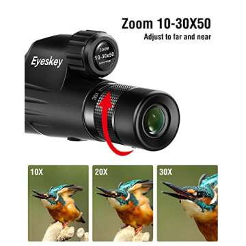Eyeskey HD 10-30x50 High Powered Zoom Monocular Telescope - Waterproof and Fog-proof - Bright and Clear FMC Lens - Coated Bak-4 Prism - Single Hand Focus Scope for Concert, Traveling, Wildlife Scenery