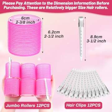 Jumbo Hair Rollers Set - 24 Pieces with 12 Large Rollers and 12 Clips for Voluminous Long Thick Hair (Hot Pink)