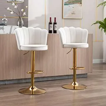 DM Furniture Swivel Bar Stools Bar Height Set of 2 Adjustable Upholstered Counter Barstool Velvet Bar Chairs with Back/Gold Base for Kitchen Island/Bar/Cafe, Cream White