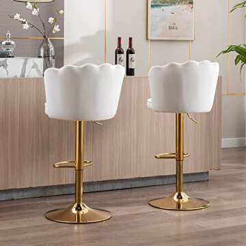 DM Furniture Swivel Bar Stools Bar Height Set of 2 Adjustable Upholstered Counter Barstool Velvet Bar Chairs with Back/Gold Base for Kitchen Island/Bar/Cafe, Cream White