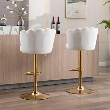 DM Furniture Swivel Bar Stools Bar Height Set of 2 Adjustable Upholstered Counter Barstool Velvet Bar Chairs with Back/Gold Base for Kitchen Island/Bar/Cafe, Cream White