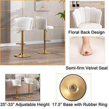 DM Furniture Swivel Bar Stools Bar Height Set of 2 Adjustable Upholstered Counter Barstool Velvet Bar Chairs with Back/Gold Base for Kitchen Island/Bar/Cafe, Cream White
