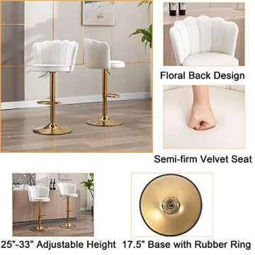 DM Furniture Swivel Bar Stools Bar Height Set of 2 Adjustable Upholstered Counter Barstool Velvet Bar Chairs with Back/Gold Base for Kitchen Island/Bar/Cafe, Cream White