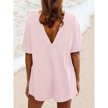 AnotherChill Womens Athletic Romper With Pockets Workout Tee Rompers Backless Oversized Onesie Casual Activewear (Pink, Small)