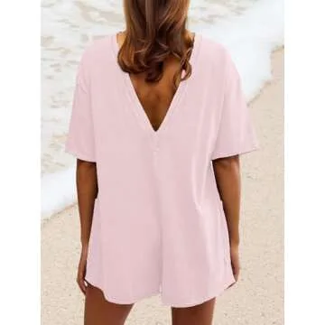 AnotherChill Womens Athletic Romper With Pockets Workout Tee Rompers Backless Oversized Onesie Casual Activewear (Pink, Small)