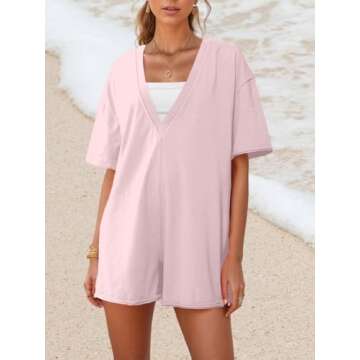 AnotherChill Womens Athletic Romper With Pockets Workout Tee Rompers Backless Oversized Onesie Casual Activewear (Pink, Small)
