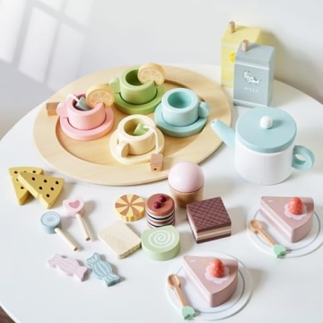 Smartwo Wooden Tea Party Set - 30 PCS Pretend Play Set for Kids 3-8