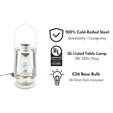 Rustic Farmhouse Lantern Table Lamp: Dimmable, Edison Bulb, Line Cord Dimmer - Large Body, Rustic Finish, UL USA/ULC Canada Safety Listed by Muskoka Lifestyle Products USA