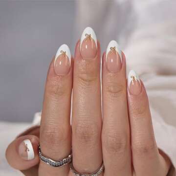BTArtbox Press on Nails Short -White Designed French Tip Press On Nails Almond with Bow, Glue On Nai...