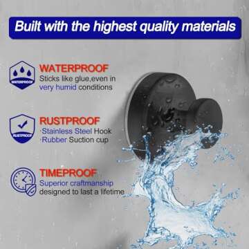 Bntuk Suction Cup Hooks for Shower, Removable Towel Hooks for Bathroom Window Glass Door Wall, Bath Robe Looafh Hook for Hanging - 2 Pack, Black