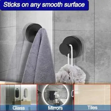 Bntuk Suction Cup Hooks for Shower, Removable Towel Hooks for Bathroom Window Glass Door Wall, Bath Robe Looafh Hook for Hanging - 2 Pack, Black