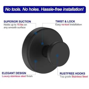 Bntuk Suction Cup Hooks for Shower, Removable Towel Hooks for Bathroom Window Glass Door Wall, Bath Robe Looafh Hook for Hanging - 2 Pack, Black