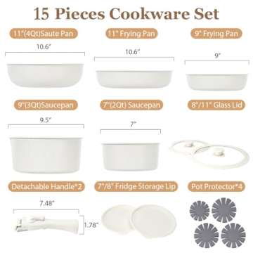 SODAY 15Pcs Non Stick Cookware Set with Detachable Handles