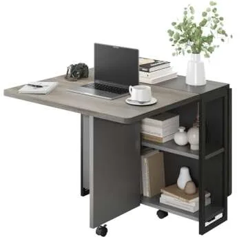 Folding Dining Table with 2 Tier Storage, Extendable Kitchen Table, Drop Leaf Table, Rectangle Dining Room Tables Set for 4, Space Saving Collapsible Expandable Dinner Kitchen Office Furniture