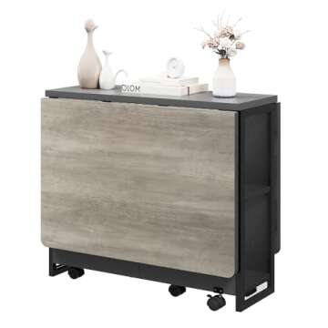 Folding Dining Table with 2 Tier Storage, Extendable Kitchen Table, Drop Leaf Table, Rectangle Dining Room Tables Set for 4, Space Saving Collapsible Expandable Dinner Kitchen Office Furniture