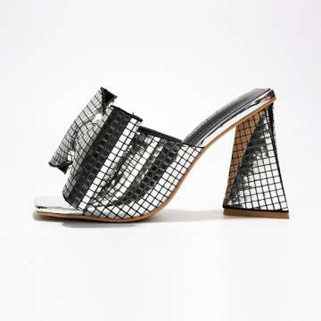 Cape Robbin Bow Metallic Heels For Women - Bow High Heels For Women - Disco Shoes Women - Chunky Block Heels With Bow Tie & Square Open Toe Discoball