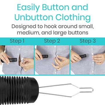 Vive Button Hook with Zipper Pull - Dressing Helper Assist Tool for Arthritis - One Hand Shirt & Coat Buttoning Aid, Disability, Handicapped, Seniors, Elderly - Limited Dexterity, Wide Grip Handle